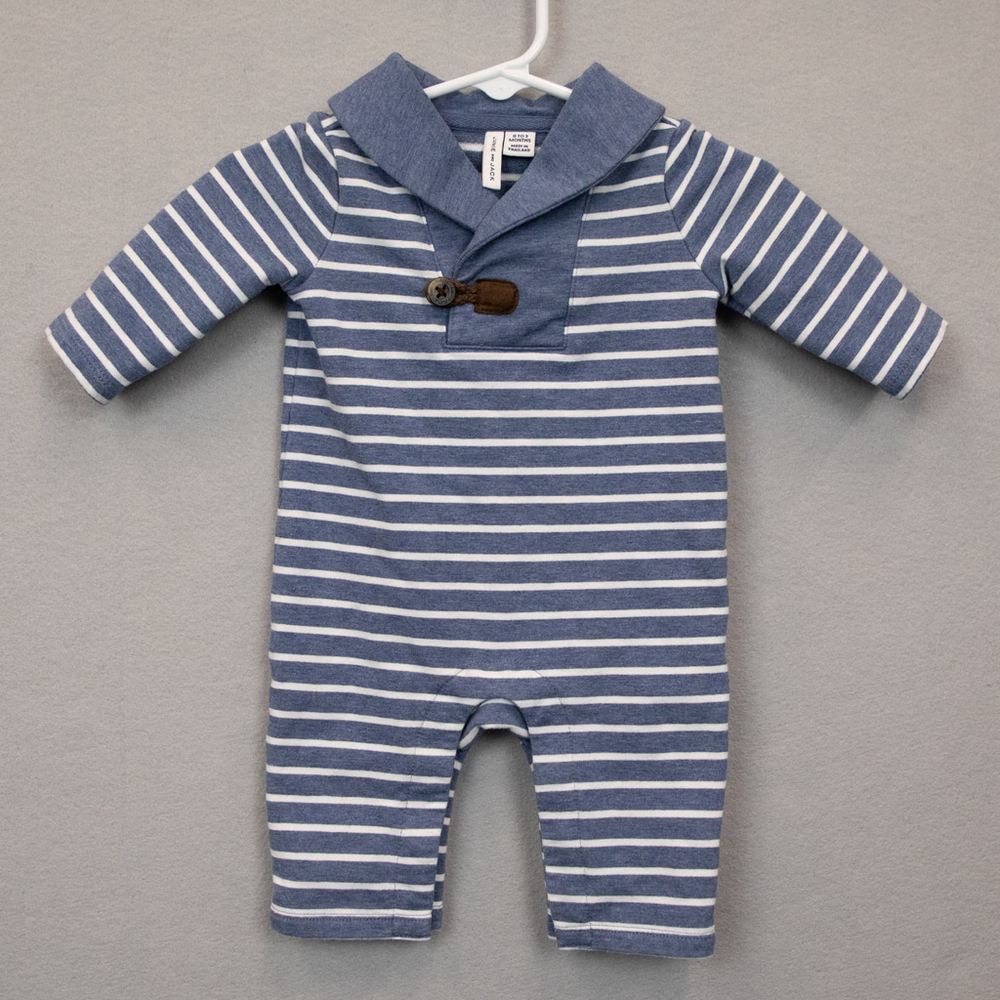 Baby Janie and Jack blue white striped shawl collar one piece romper-0-3M